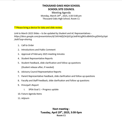 Site Council Agenda